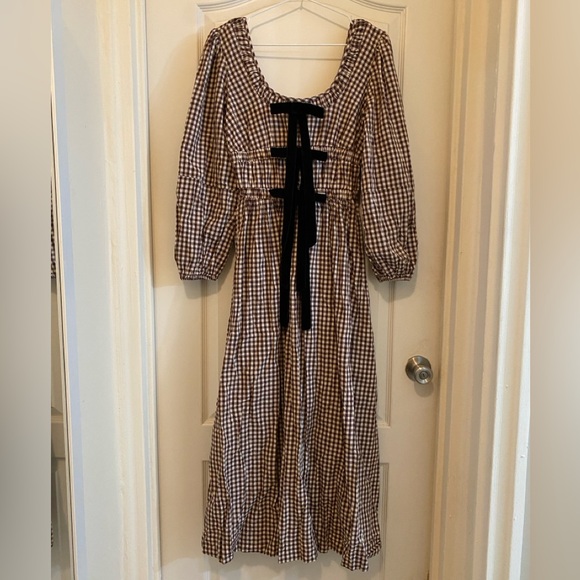 Damson Madder Dakota Brown Plaid bow midi dress size UK 10/US 6 - Picture 2 of 7